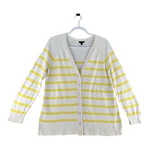 Talbots Petite Cardigan Sweater Womens Size‎ LP Cream Yellow Striped Knitwear